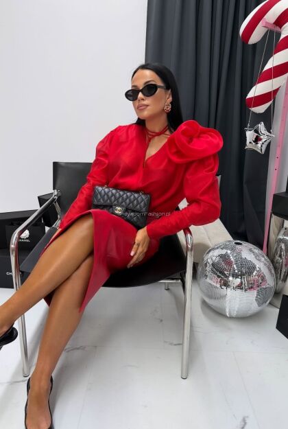 LA MILLA BLUZKA KOSZULA V-NECK Z OZDOBNYM KWIATEM CZERWONA