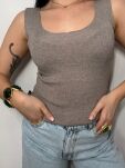 MINOUU BLUZKA TOP PRĄŻEK V-NECK TAUPE - 3