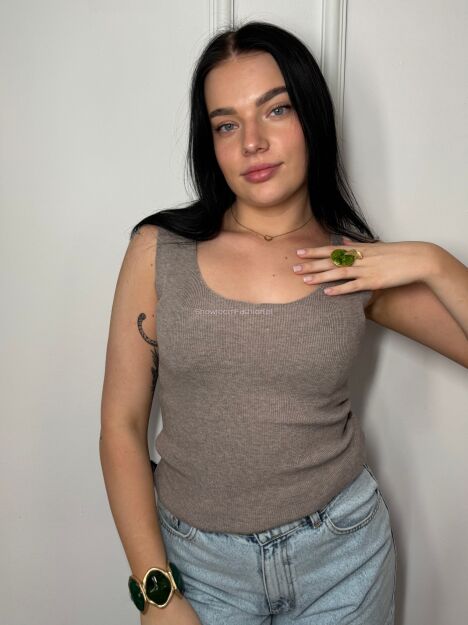 MINOUU BLUZKA TOP PRĄŻEK V-NECK TAUPE