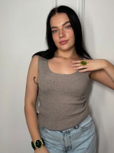 MINOUU BLUZKA TOP PRĄŻEK V-NECK TAUPE