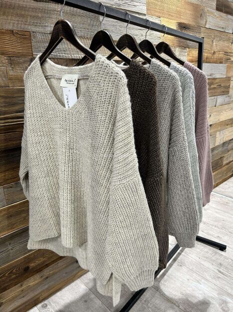 BY O LA LA.. ! OVERSIZOWY SWETER V-NECK KWARC ROSE