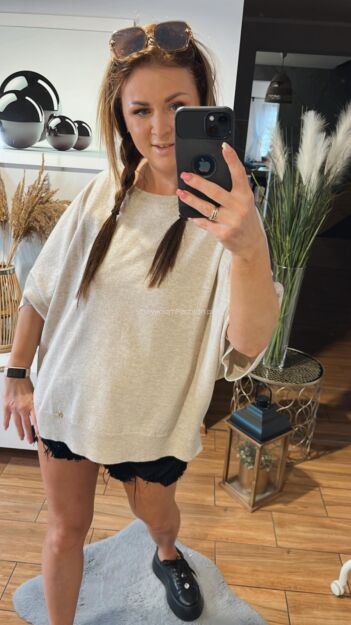 BY O LA LA...! OVERSIZOWY SWETER KRÓTKI RĘKAW BEŻ