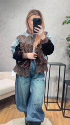 KURTKA BOMBER PATCHWORK DENIM I WELUR BRĄZ/NIEBIESKA