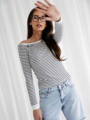 BY O LA LA! BLUZKA W PASKI Z GUZIKAMI Z TYŁU OFF WHITE/CZERŃ