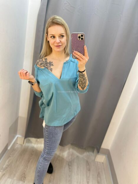 BY O LA LA...! BLUZKA BASIC V-NECK AQUA