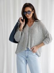 BY O LA LA...! SWETER V-NECK RĘKAWY 3/4 SZARY
