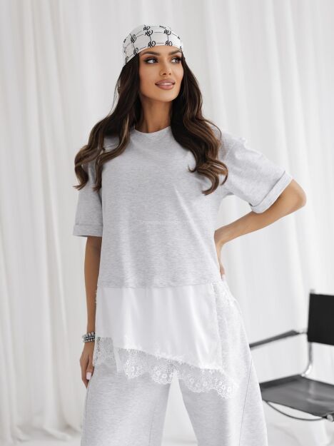 BY O LA LA! BLUZKA T-SHIRT Z KORONKĄ LACY SZARA