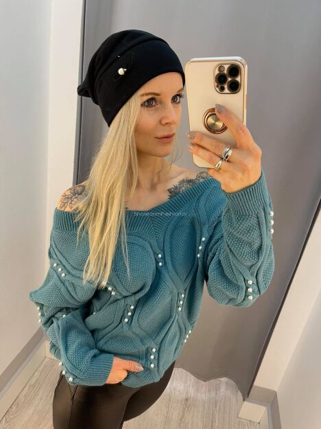 BY O LA LA.. ! OVERSIZOWY SWETER Z PEREŁKAMI MORSKI