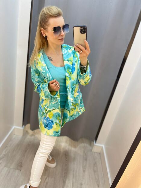 BY O LA LA! OVERSIZOWA MARYNARKA FLORAL NIEBIESKA/ŻÓŁTA