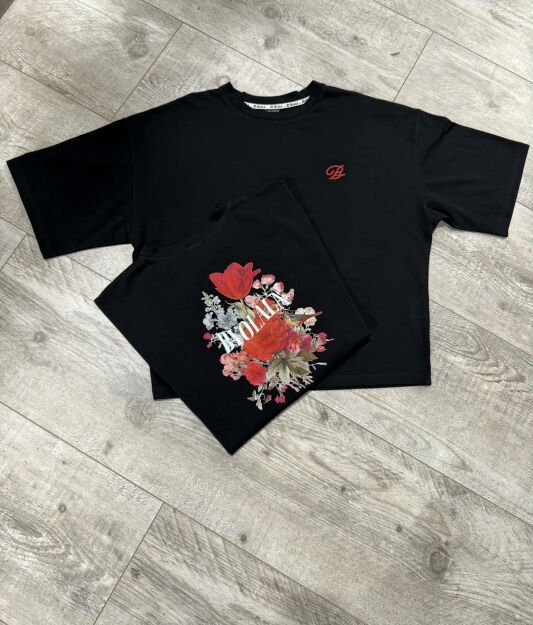 BY O LA LA! BLUZKA T-SHIRT PRINT KWIATY CZARNA/CZERWONA
