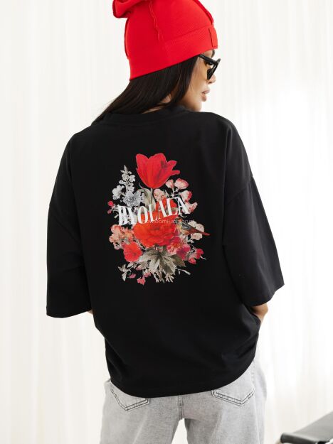 BY O LA LA! BLUZKA T-SHIRT PRINT KWIATY CZARNA/CZERWONA