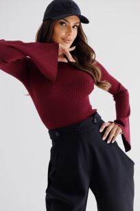 BY O LA LA...! PRĄŻKOWANY SWETER SZEROKIE RĘKAWY MERLOT (BORDO)