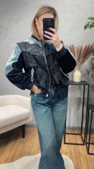 KURTKA BOMBER PATCHWORK DENIM I WELUR CZARNA/NIEBIESKA