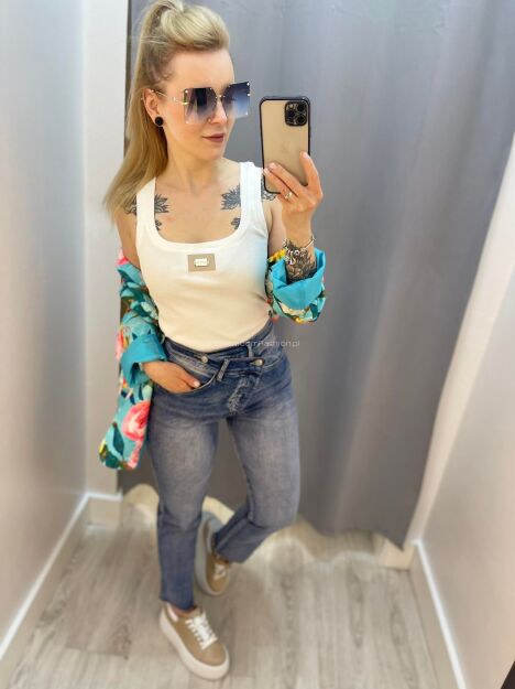 BY O LA LA! SPODNIE JEANSY SKOŚNY ZAMEK NIEBIESKIE