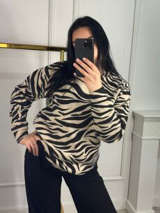 LA MILLA DŁUGA OVERSIZOWA BLUZA ZEBRA BEŻ/CZERŃ
