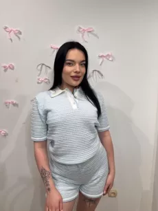 SEMPRE KOMPLET DZIANINOWY TOP POLO + SZORTY BŁĘKIT/BIEL