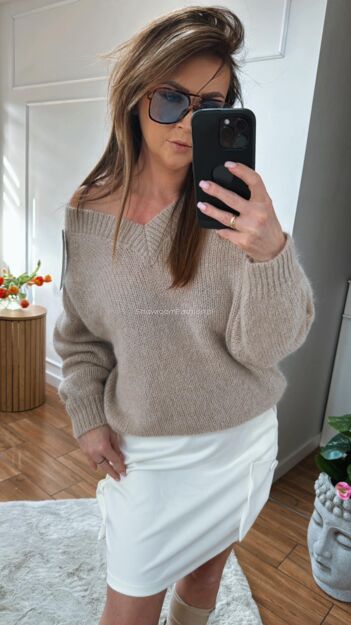 BY O LA LA.. ! SWETER BABY MOHER V-NECK BEŻ/TAUPE