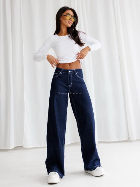 BY O LA LA! SPODNIE JEANSY WIDE LEG CIEMNONIEBIESKIE