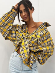 EMO DŁUGA OVERSIZOWA KOSZULA W KRATĘ ŻÓŁTA/BIEL/BRĄZ/NIEBIESKA