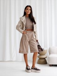 BY O LA LA! SZTRUKSOWE SPODENKI BERMUDY Z PASKIEM BEŻ