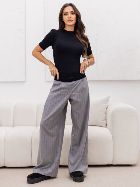 BY O LA LA...! SPODNIE W PASY NA GRUBEJ GUMIE JASNOSZARE