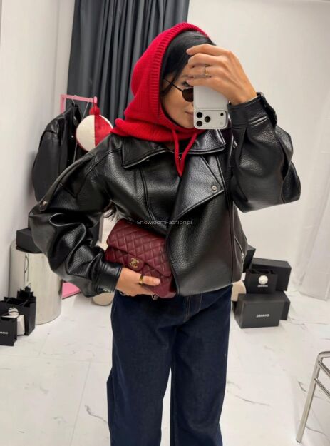 LA MILLA KURTKA BOMBER ECO SKÓRA Z PASKIEM NA DOLE CZARNA