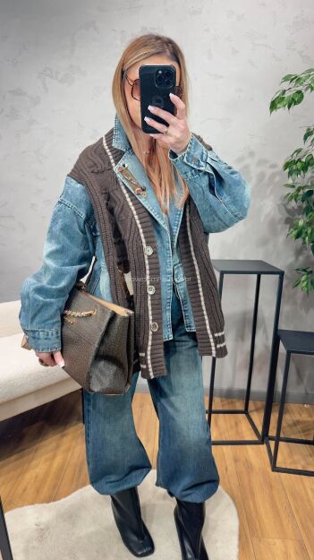 DŁUGA KURTKA HYBRYDOWA DENIM KNIT BRĄZ/NIEBIESKA