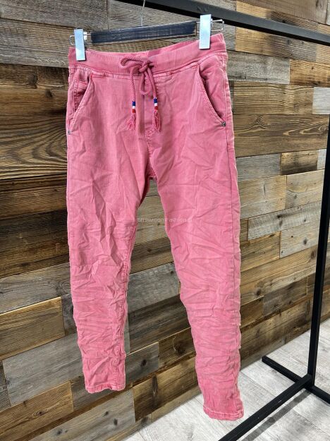 BY O LA LA...! SPODNIE GNIECIONE Z TROKAMI JEANS RÓŻ