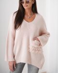 BY O LA LA.. ! OVERSIZOWY SWETER KIESZENIE Z FRĘDZLAMI RÓŻ - 2