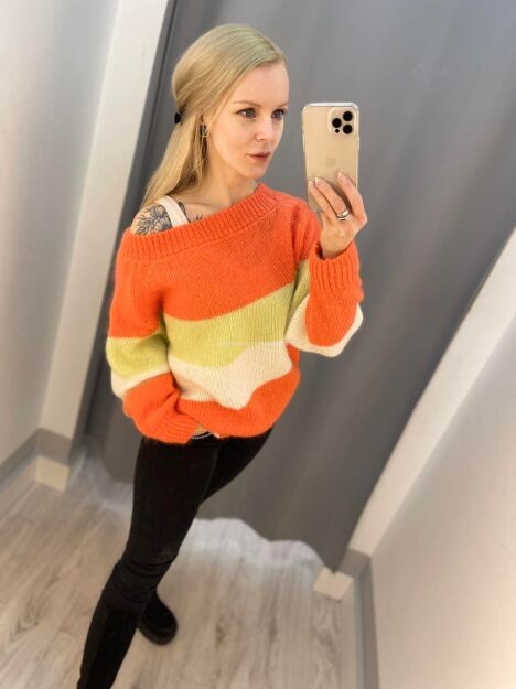 BY O LA LA.. ! OVERSIZOWY SWETER MOHER PASKI POMARAŃCZ/ŻÓŁĆ/ECRU