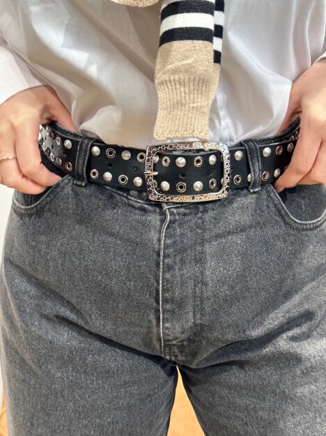 BY O LA LA...! PASEK Z NITAMI CZARNY/SREBRO