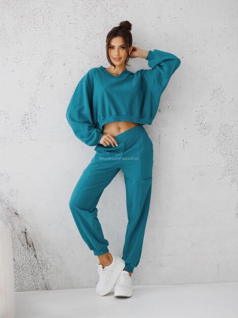 BY O LA LA...! KOMPLET DRESOWY BLUZA V-NECK + SPODNIE PETROL (TURKUS)