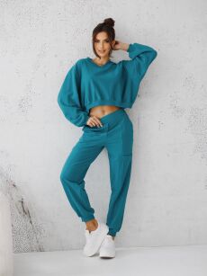 BY O LA LA...! KOMPLET DRESOWY BLUZA V-NECK + SPODNIE PETROL (TURKUS)