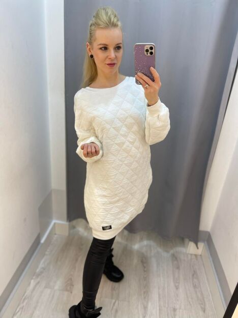 BY O LA LA! PIKOWANA BLUZA-TUNIKA ŚMIETANA