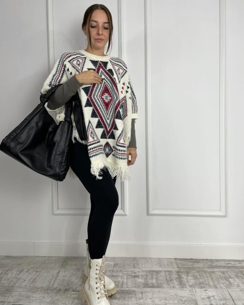 BY O LA LA! SWETER PONCZO ETNO ŚMIETANA