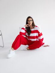 BY O LA LA! DRESOWA BLUZA W SZEROKIE PASY OFF WHITE/RED KISS