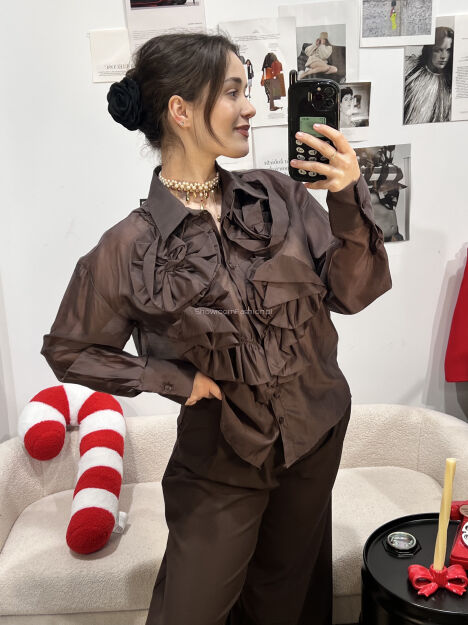 MIHO'S  BLUZKA KOSZULA KWIATY CZEKOLADA