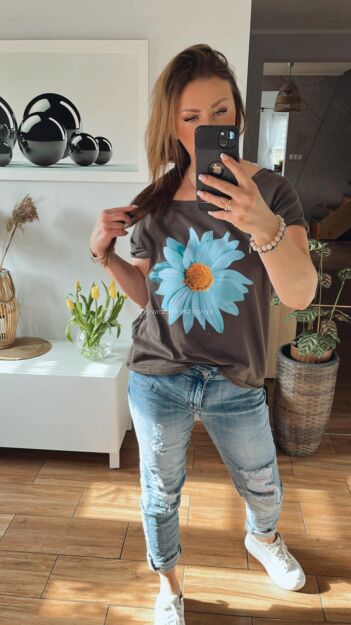 BY O LA LA! BLUZKA T-SHIRT MARGARETKA CZEKOLADA/TURKUS