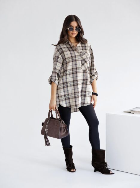 BY O LA LA! OVERSIZOWA KOSZULA W KRATĘ KAKAO/BEŻ