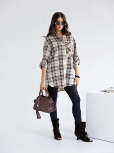 BY O LA LA! OVERSIZOWA KOSZULA W KRATĘ KAKAO/BEŻ
