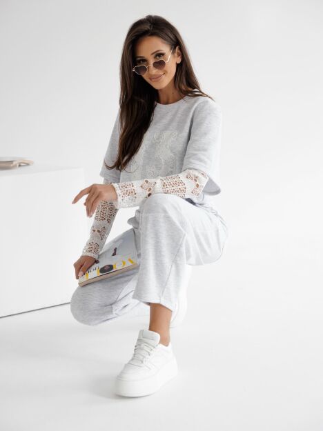 BY O LA LA...! KOMPLET Z KORONKĄ BLUZKA + SPODNIE '13' SZARY