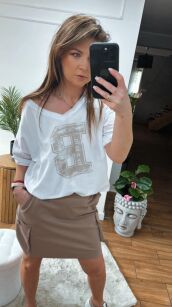 BY O LA LA! BLUZKA T-SHIRT "B" BIEL/CAFFE LATTE