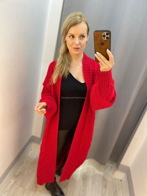 BY O LA LA...! SWETER KARDIGAN Z WARKOCZEM CZERWONY