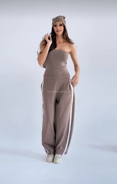 BY O LA LA! DRESOWE SPODNIE BALLOON Z LAMPASAMI KAKAO