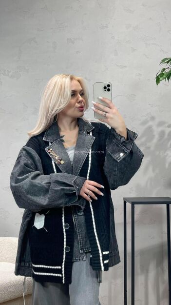 DŁUGA KURTKA HYBRYDOWA DENIM KNIT CZERŃ/NIEBIESKA