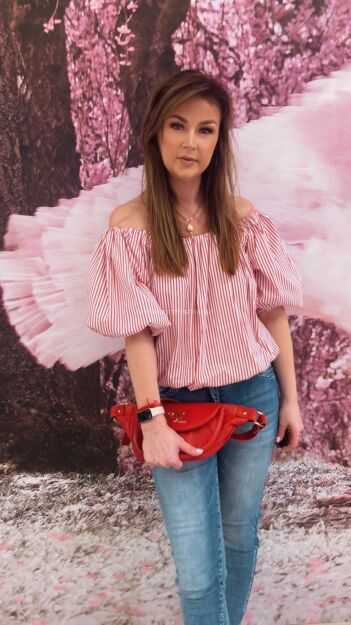 BY O LA LA...! BLUZKA HISZPANKA W PASY BIEL/FIESTA RED