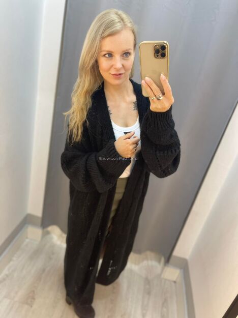 BY O LA LA...! SWETER KARDIGAN AŻUROWY CZARNY