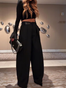 EMO SPODNIE WIDE LEG Z OZDOBNYMI ZAKŁADKAMI CZARNE