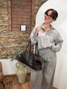 JEANSOWY KOMPLET KOSZULA + SPODNIE WIDE LEG SZARY