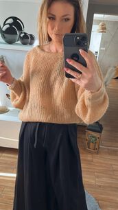 BY O LA LA...! OVERSIZOWY CIENKI SWETER AŻUR BEŻ